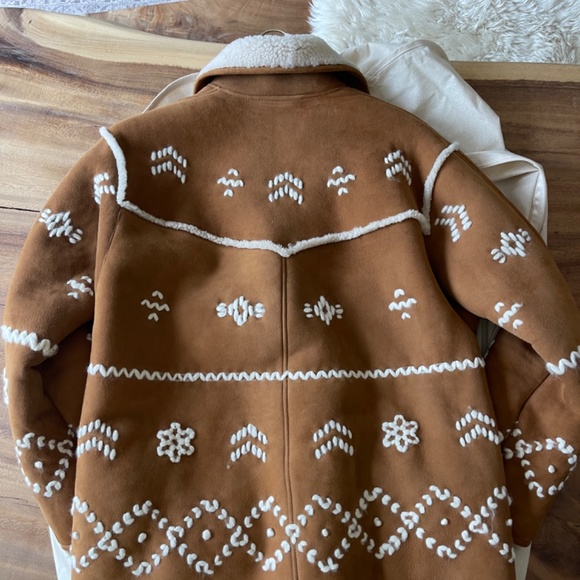 Maje Paris shearling tan jacket / coat embroidered - Picture 2 of 4